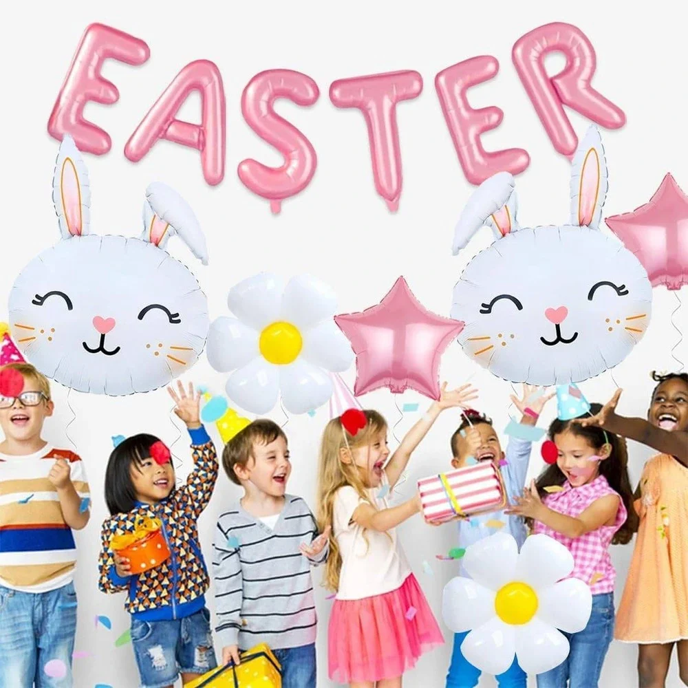 Pink Easter Balloon Kit Bunny‎ Daisy Star Foil Banner Party Decorations 12pc